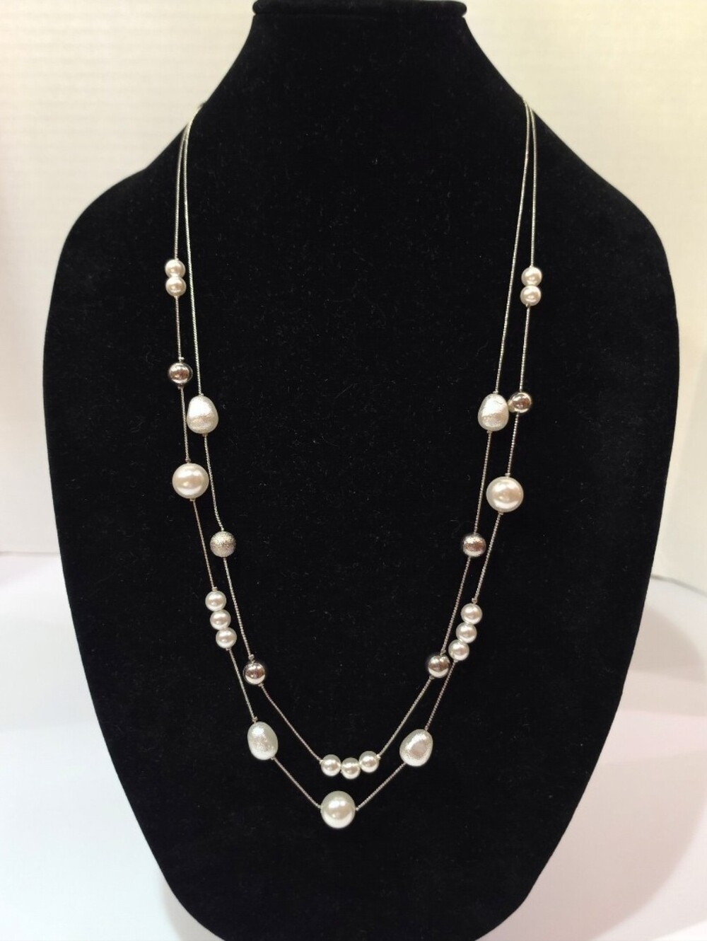 Vintage Multi-Strand Pearl Station Necklace Silver Tone Tin Cup Baroque